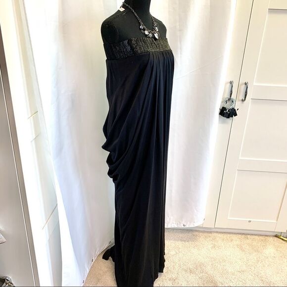 BEBE Black Silk Beaded Trim Formal Ruched Back Strapless Long maxi Dress size S - Picture 4 of 17